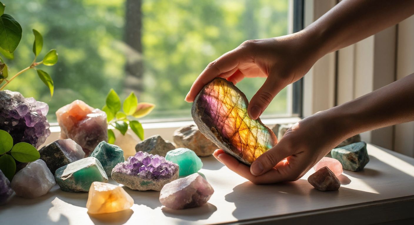 A pair of hands carefully polishing a vibrant, multicolored natural stone with a soft cloth, surrounded by scattered raw gemstones and gentle sunlight filtering through a window.