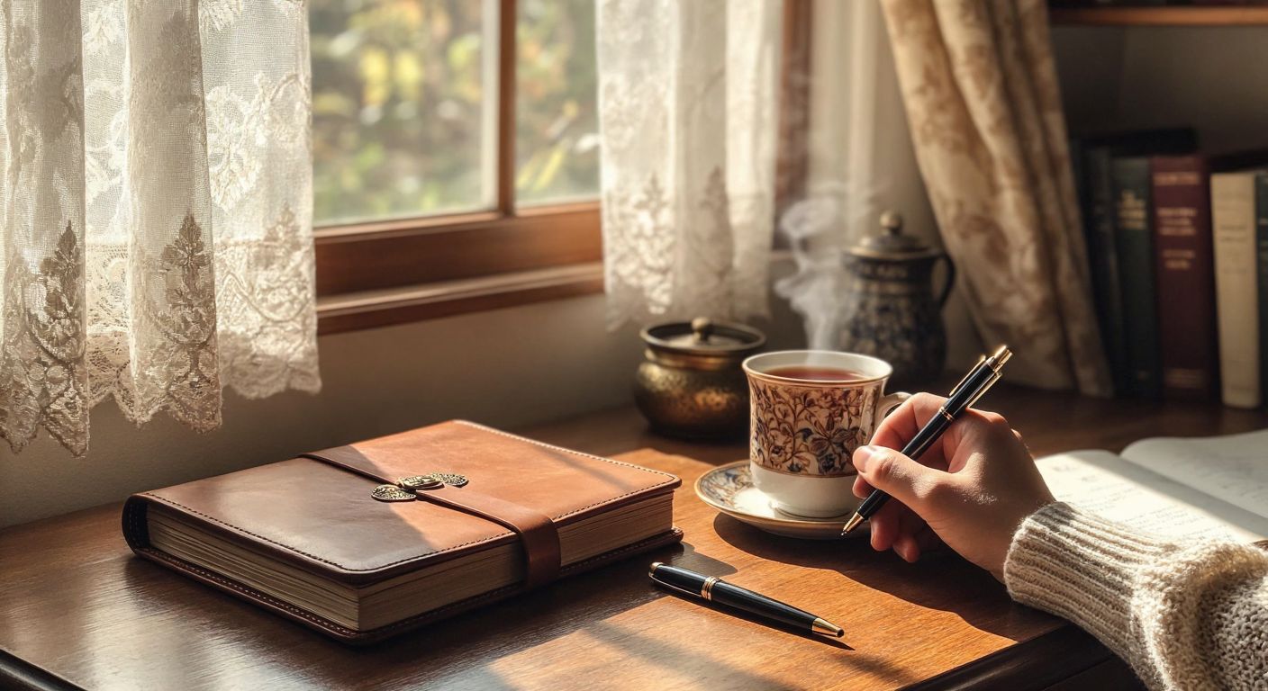 A cozy Turkish study nook with a leather-bound journal on a wooden desk, a steaming cup of çay beside it, soft sunlight filtering through lace curtains, and a hand holding a fountain pen mid-thought.