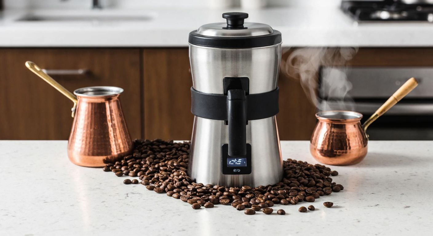 A warm Turkish kitchen with a modern coffee grinder on a marble countertop, fresh coffee beans spilling beside it, and a traditional copper cezve steaming nearby.