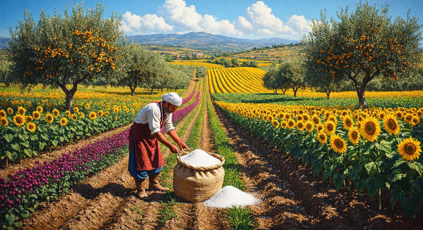 A sunlit Turkish farm field with rows of vibrant crops—wheat, cotton, and sunflowers—flanked by fruit-laden olive and apricot trees, while a farmer in traditional attire scatters MAP fertilizer from a woven sack.