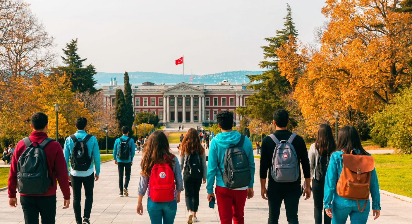 A group of diverse students with backpacks walking confidently toward a grand university building with a Turkish flag, surrounded by autumn trees and the Bosphorus in the background.