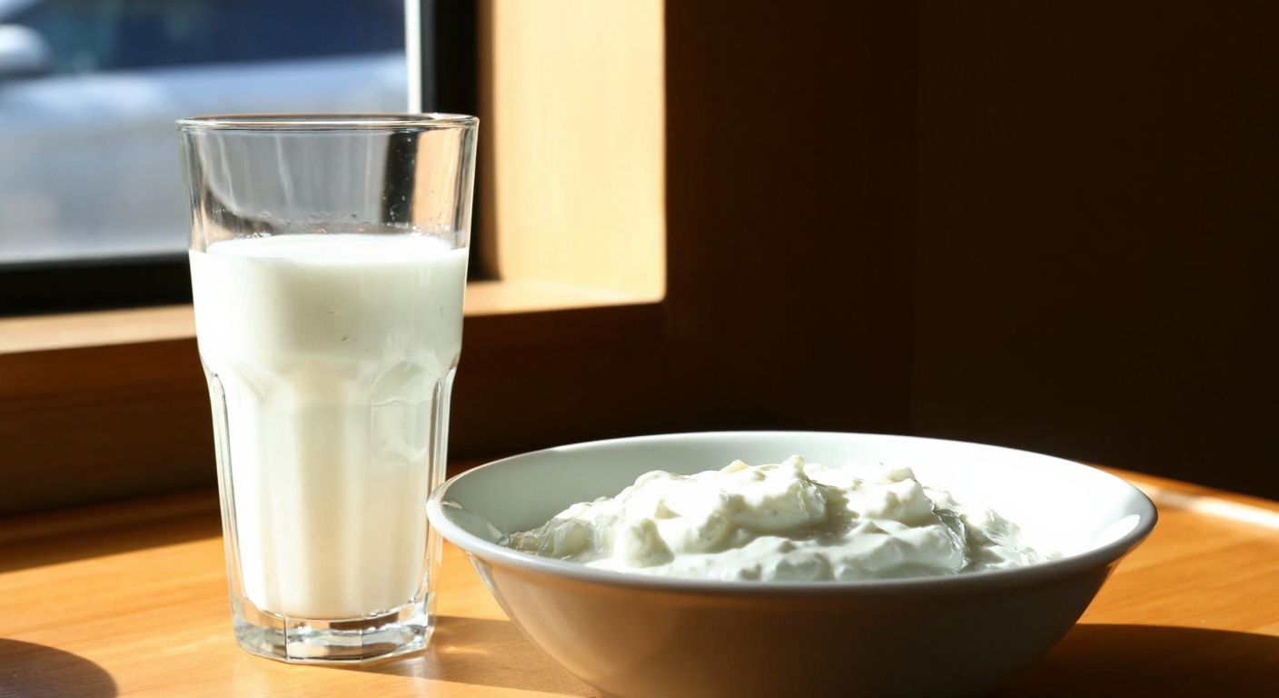 A clear glass of saltwater (homogeneous) next to a bowl of chunky ayran (heterogeneous) on a wooden table in a Turkish kitchen, with sunlight streaming through the window.