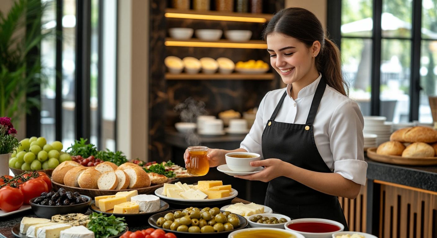 A young woman in a neat uniform arranges a vibrant Turkish breakfast buffet with fresh bread, olives, cheeses, and honey, smiling warmly as she serves a steaming cup of Turkish tea to a hotel guest.