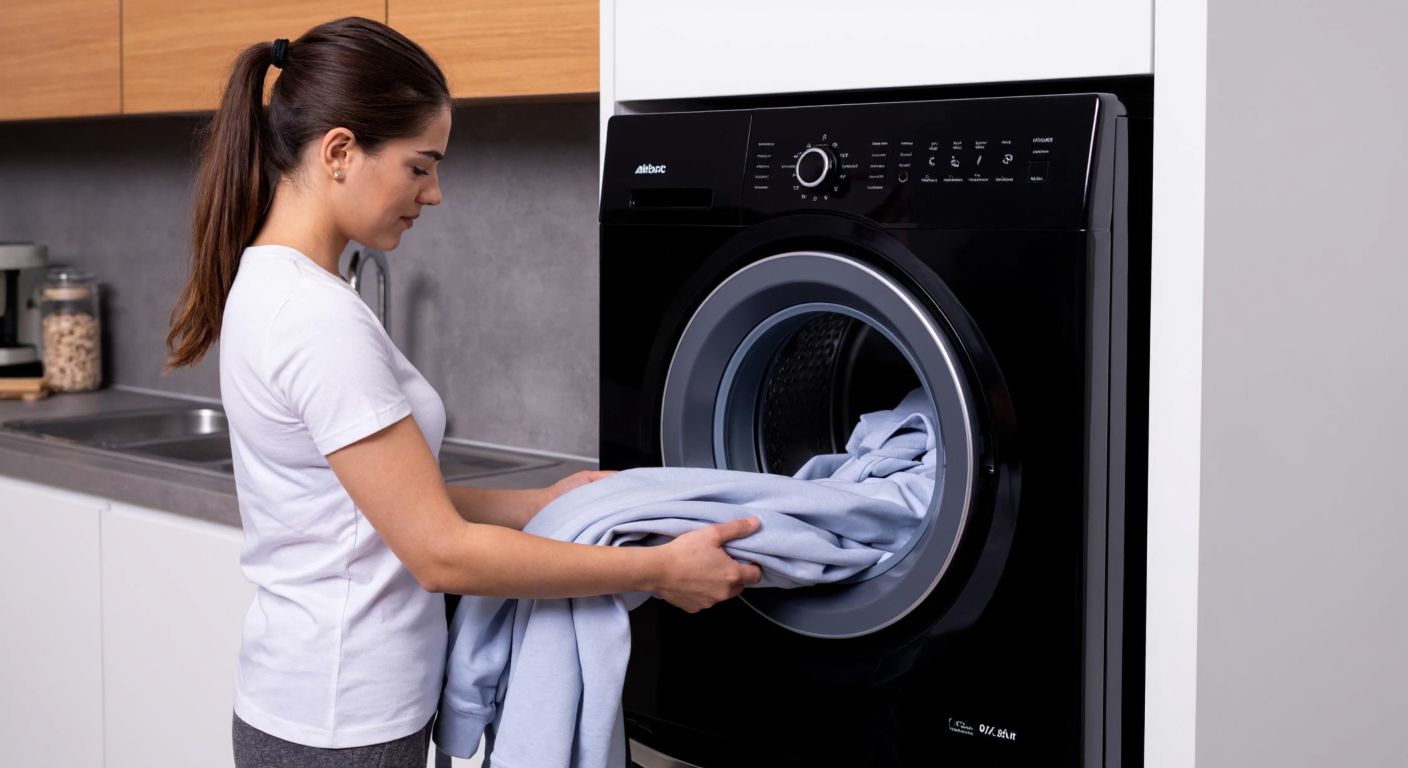 A modern Turkish kitchen with a sleek Arçelik dryer, a woman in casual homewear carefully loading clothes into the drum while adjusting the control panel with a focused expression.