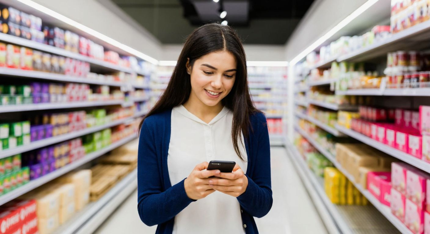 A young Turkish woman in a modern supermarket aisle, smiling while comparing prices on her phone with colorful product shelves in the background.