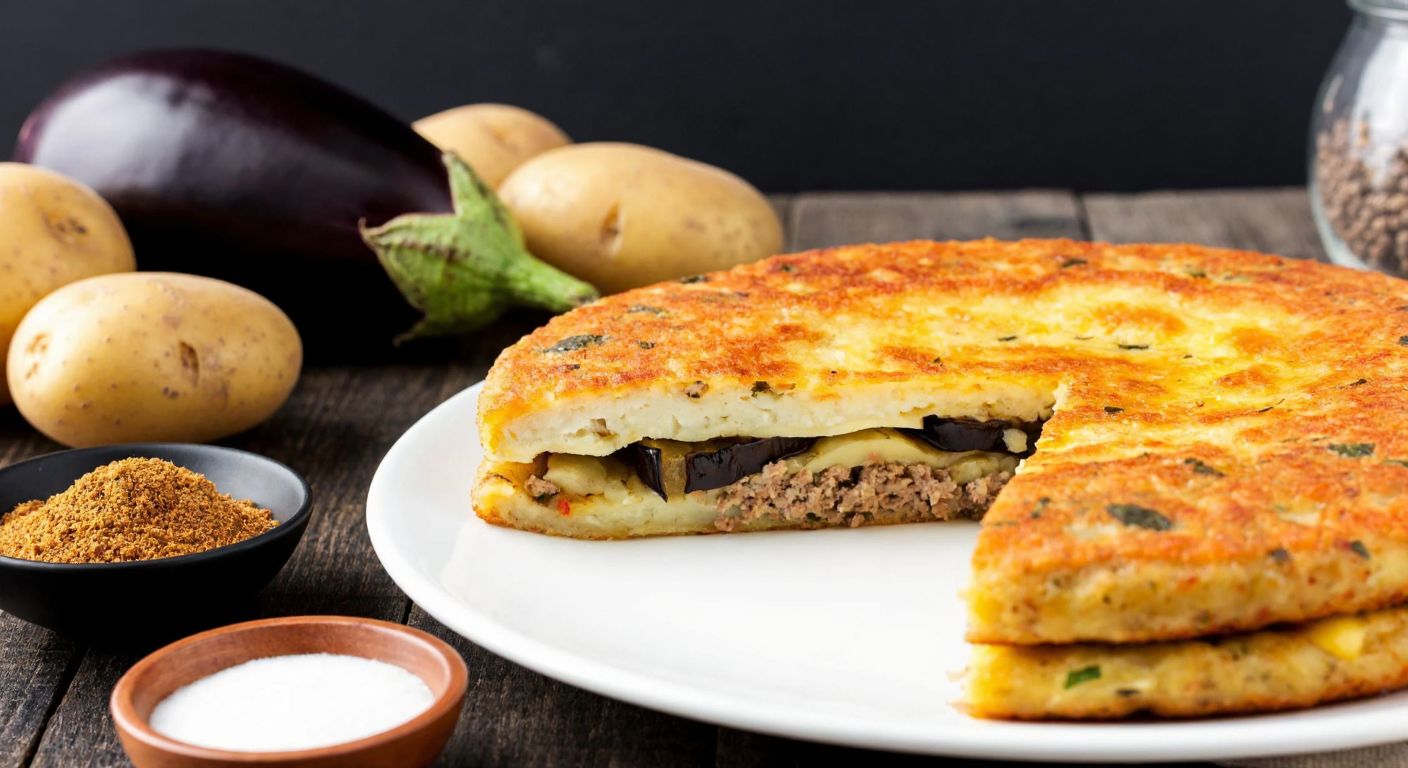 A golden-brown pan-fried Selanik köftesi, sliced open to reveal layers of minced meat, roasted eggplant, mashed potatoes, and melted cheese, resting on a rustic wooden table beside fresh ingredients like whole eggplants, potatoes, and a bowl of ground spices.