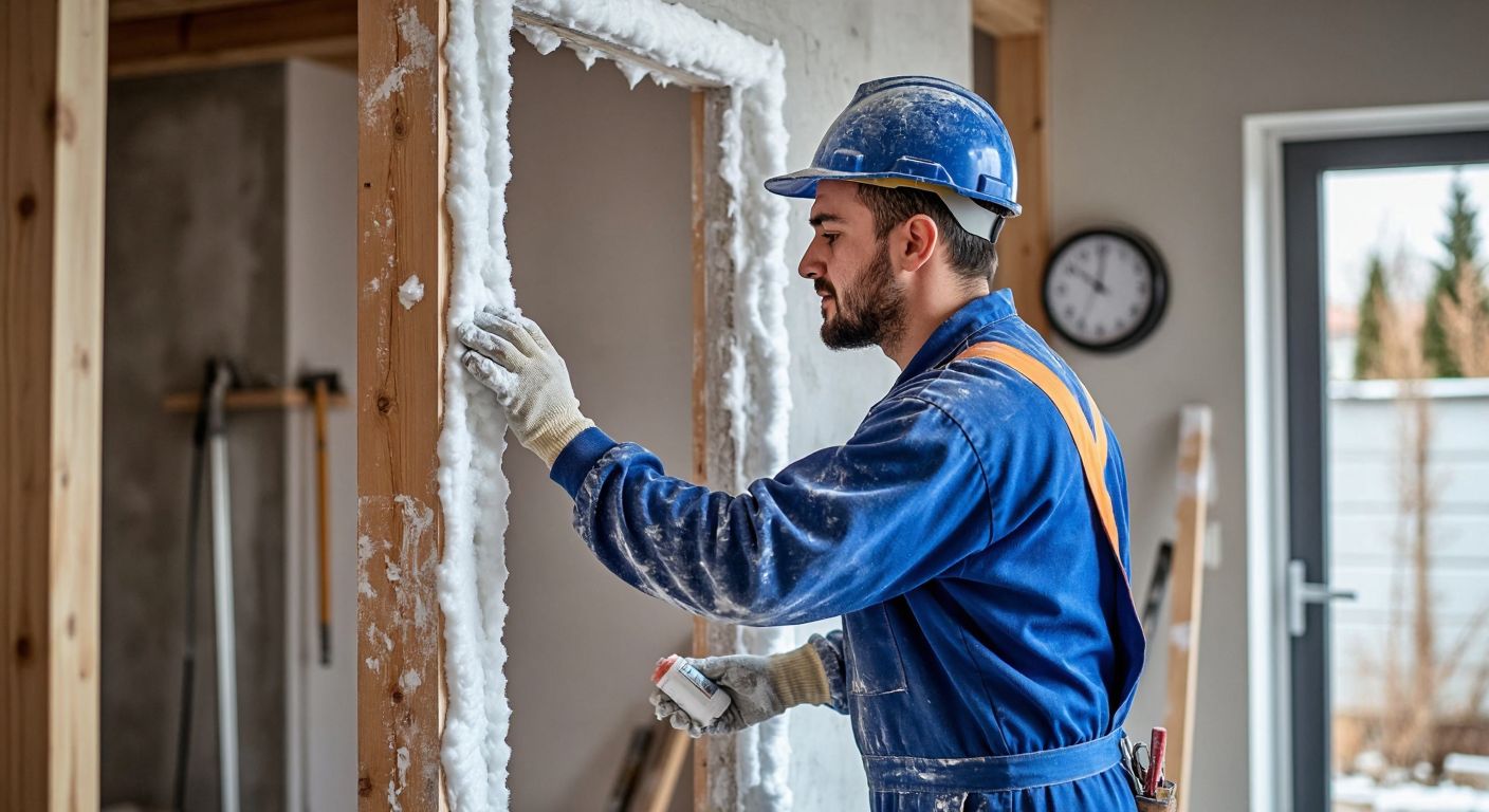 A construction worker in a blue jumpsuit carefully applies white expanding foam around a door frame in a half-built Turkish home, with a clock on the wall blurred in the background.