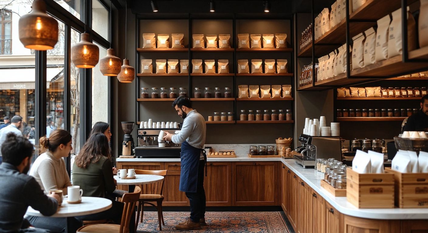 A cozy Turkish coffee shop with warm wooden shelves lined with bags of freshly roasted beans, a barista in a dark apron carefully pouring a steaming cup, and customers chatting at small marble tables under soft pendant lighting.