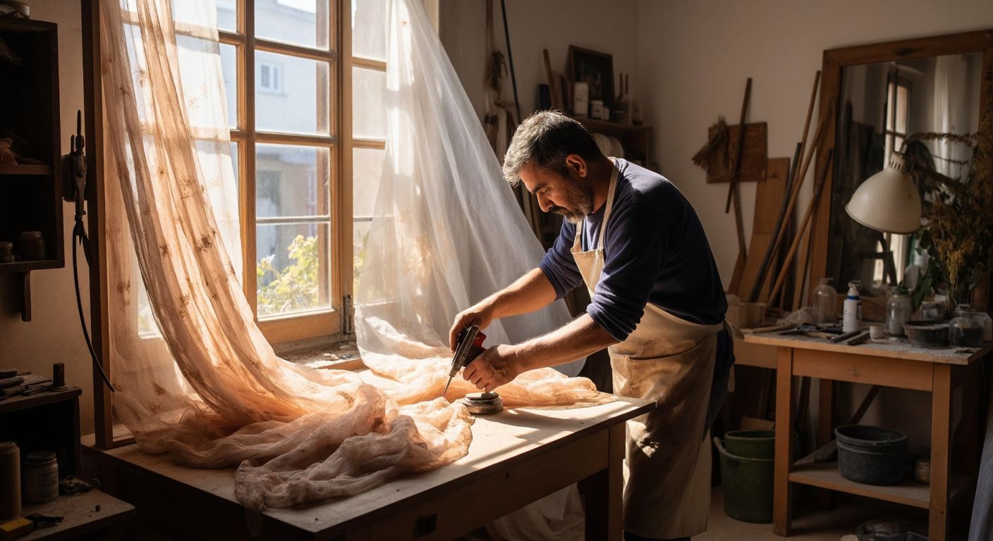 A Turkish craftsman in a sunlit workshop carefully attaching fabric to a wooden frame with a staple gun, surrounded by spray-painted panels, hinges, and draped tulle.