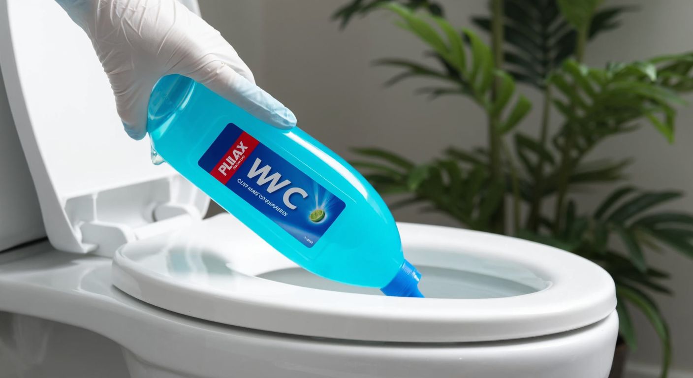 A bright blue bottle of Pilax WC cleaner sits on the edge of a sparkling white toilet bowl, with a gloved hand squeezing its contents along the rim, while a fresh citrus scent lingers in the air.