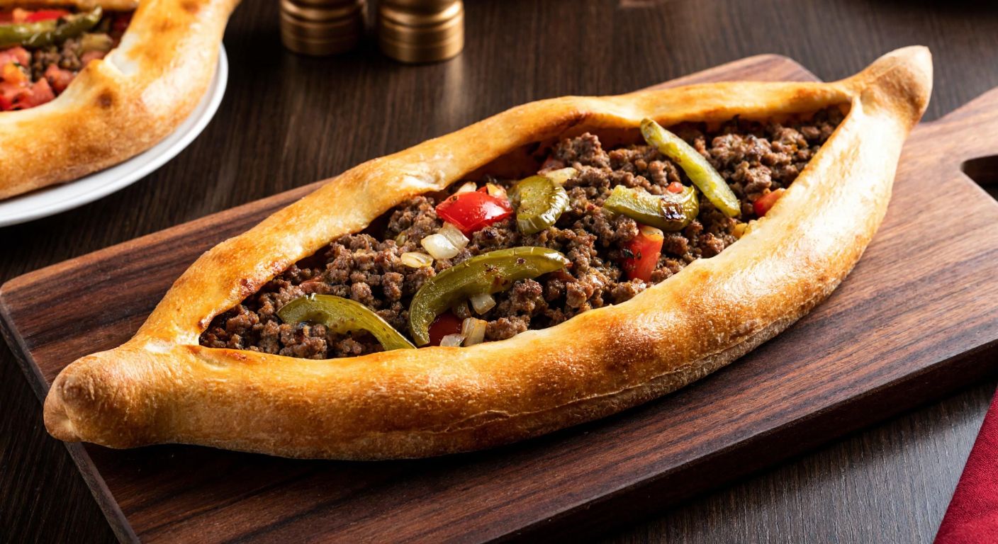A golden-brown, oval-shaped pide with a crispy crust, generously filled with a savory mixture of minced meat, melted cheese, diced tomatoes, green peppers, and onions, resting on a wooden table in a warm Turkish kitchen.