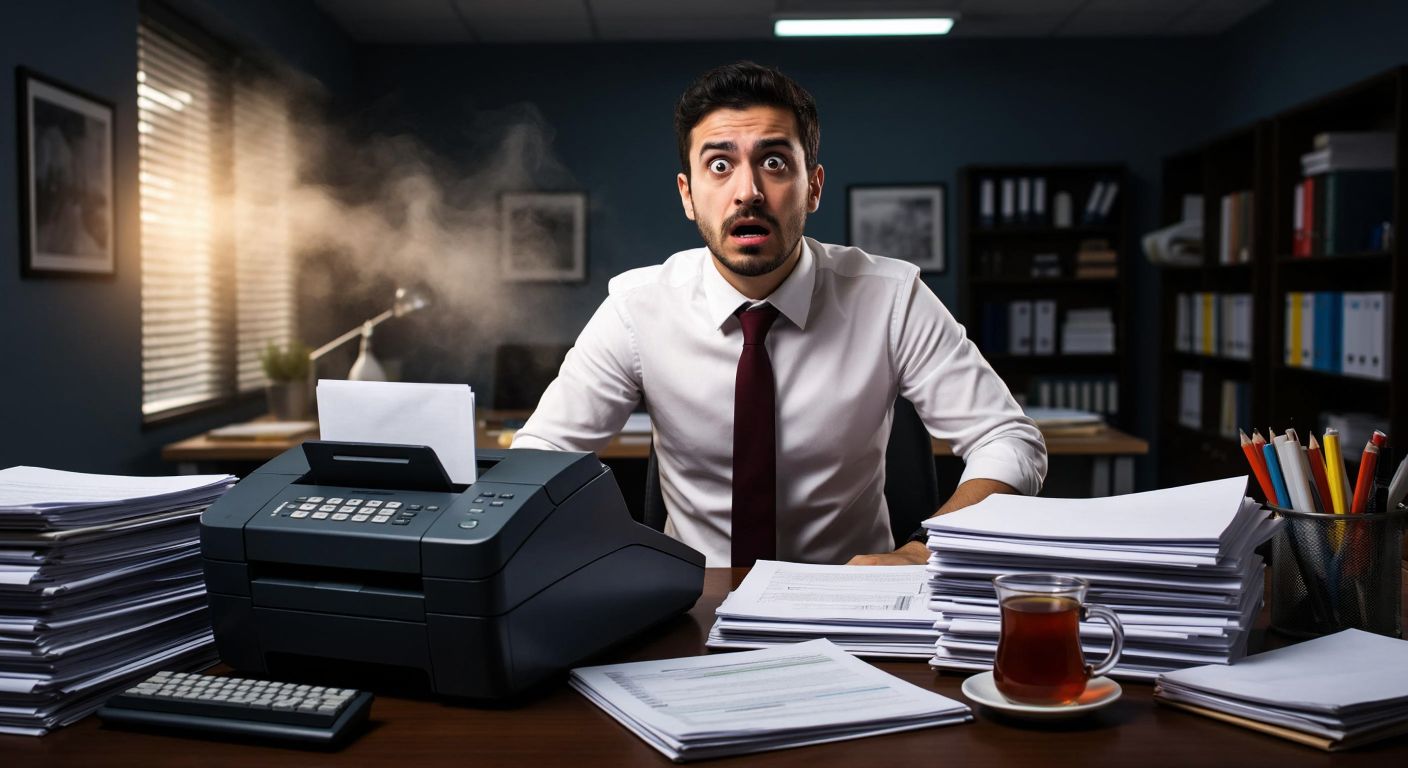 A confused office worker in a modern Turkish office setting, holding a fax machine with a puzzled expression, surrounded by stacks of documents and a steaming cup of Turkish tea.