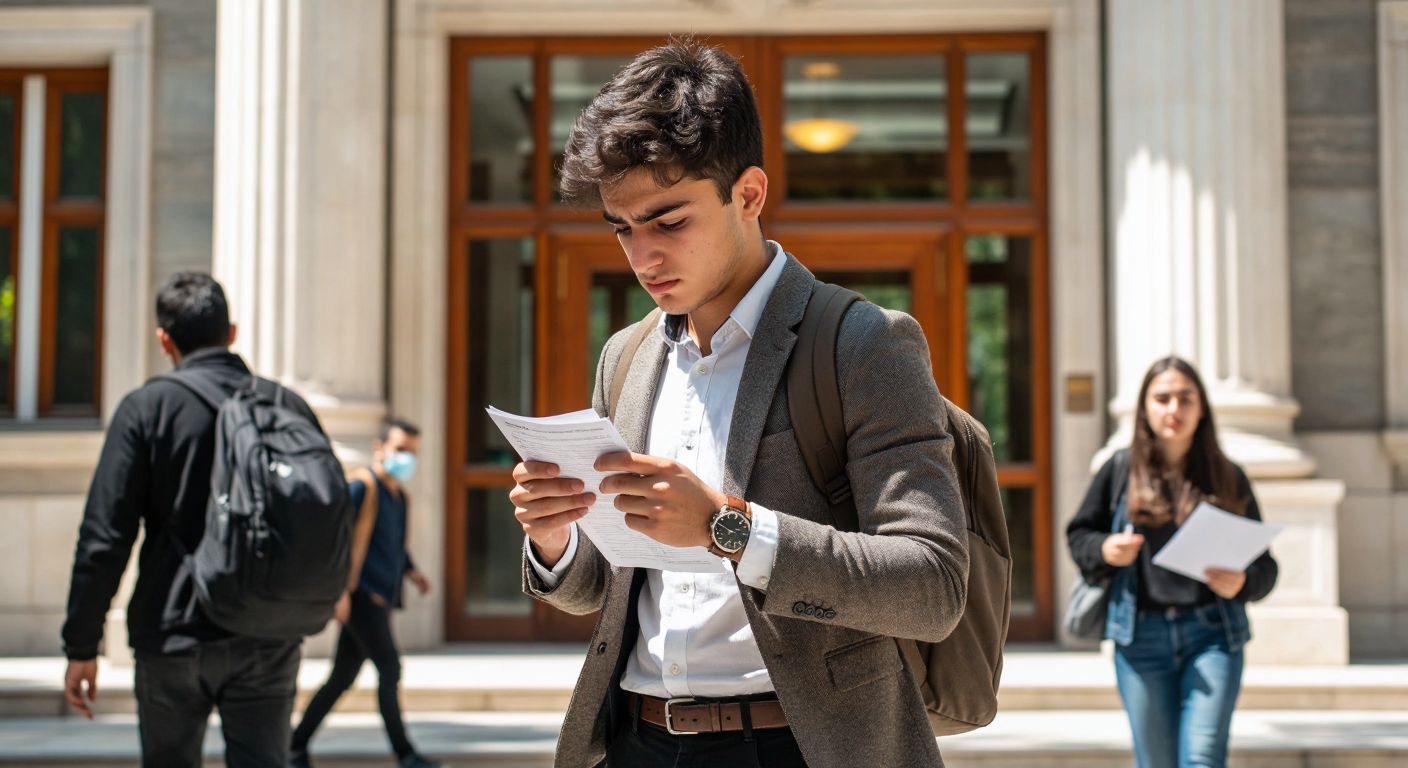 A young student in a neat outfit checks their wristwatch nervously outside a Turkish university building, clutching exam papers under their arm as others hurry inside before the doors close.