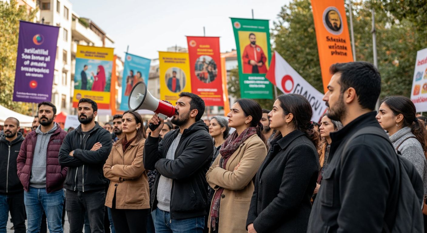 A diverse group of people in a Turkish square attentively listening to a speaker holding a megaphone, with colorful banners and posters depicting social causes in the background.