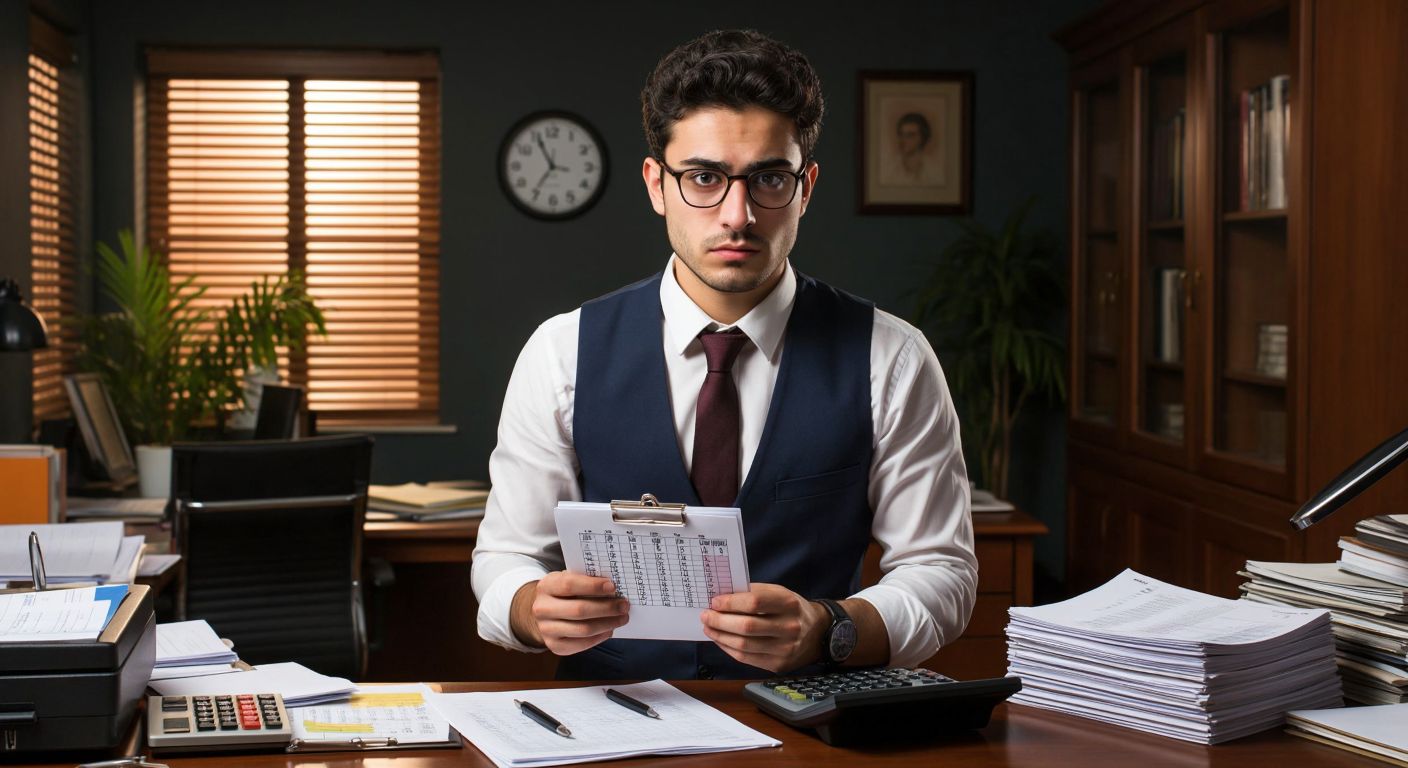 A Turkish accountant in a tidy office with a calendar marked on the 28th, holding a calculator and a stack of invoices, looking focused yet slightly relieved.