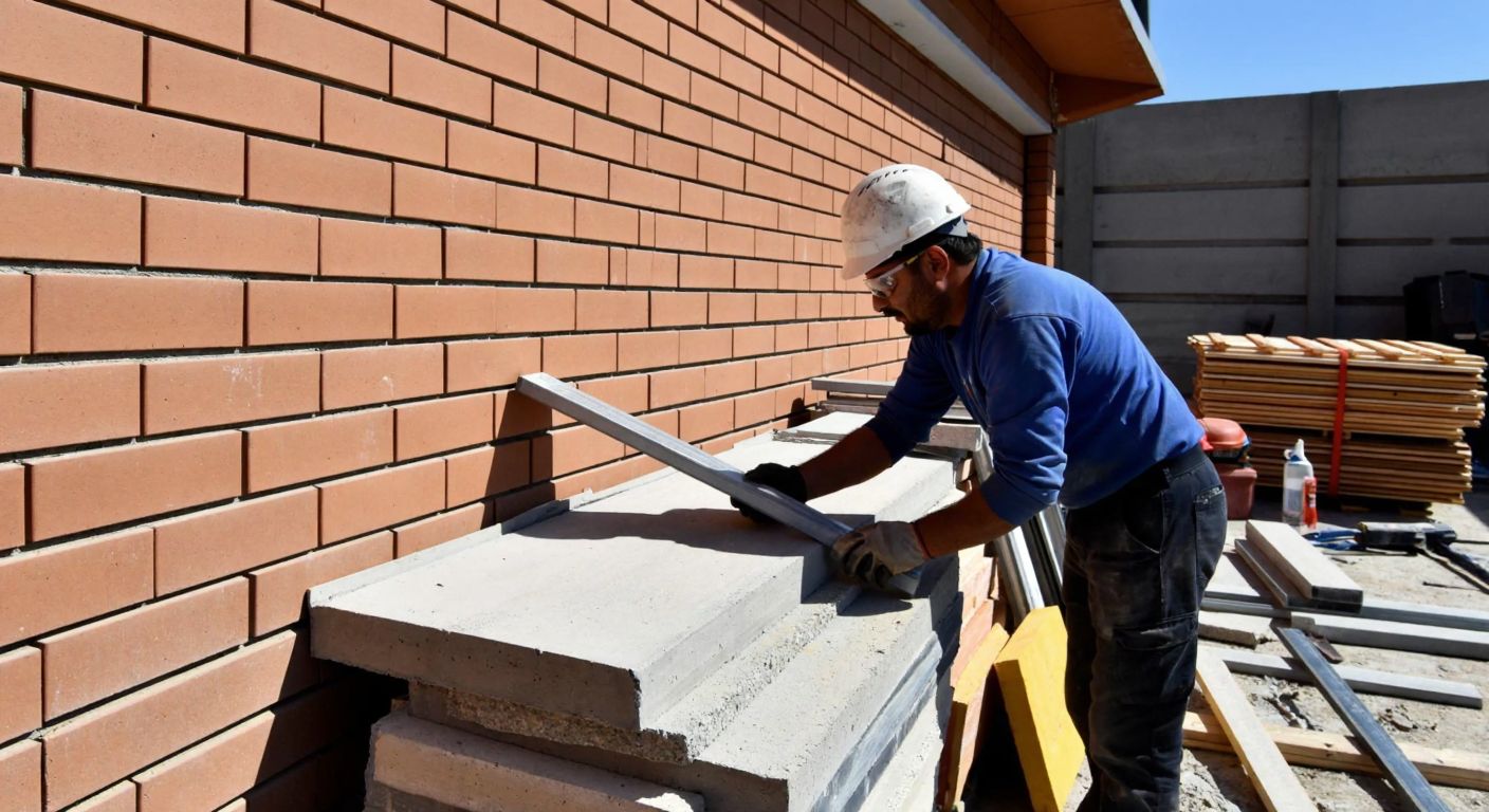 A Turkish construction worker in a hard hat carefully measures a stone coping (harpuşta) on a sunlit brick wall, with various materials like concrete and aluminum stacked nearby.