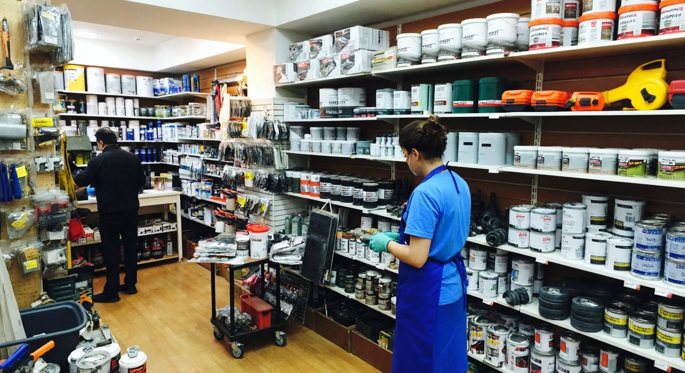 A bustling hardware store in Kadıköy, Istanbul, with shelves stacked with construction tools, paint cans, and plumbing supplies, while a shopkeeper in a blue apron helps a customer holding a wrench.