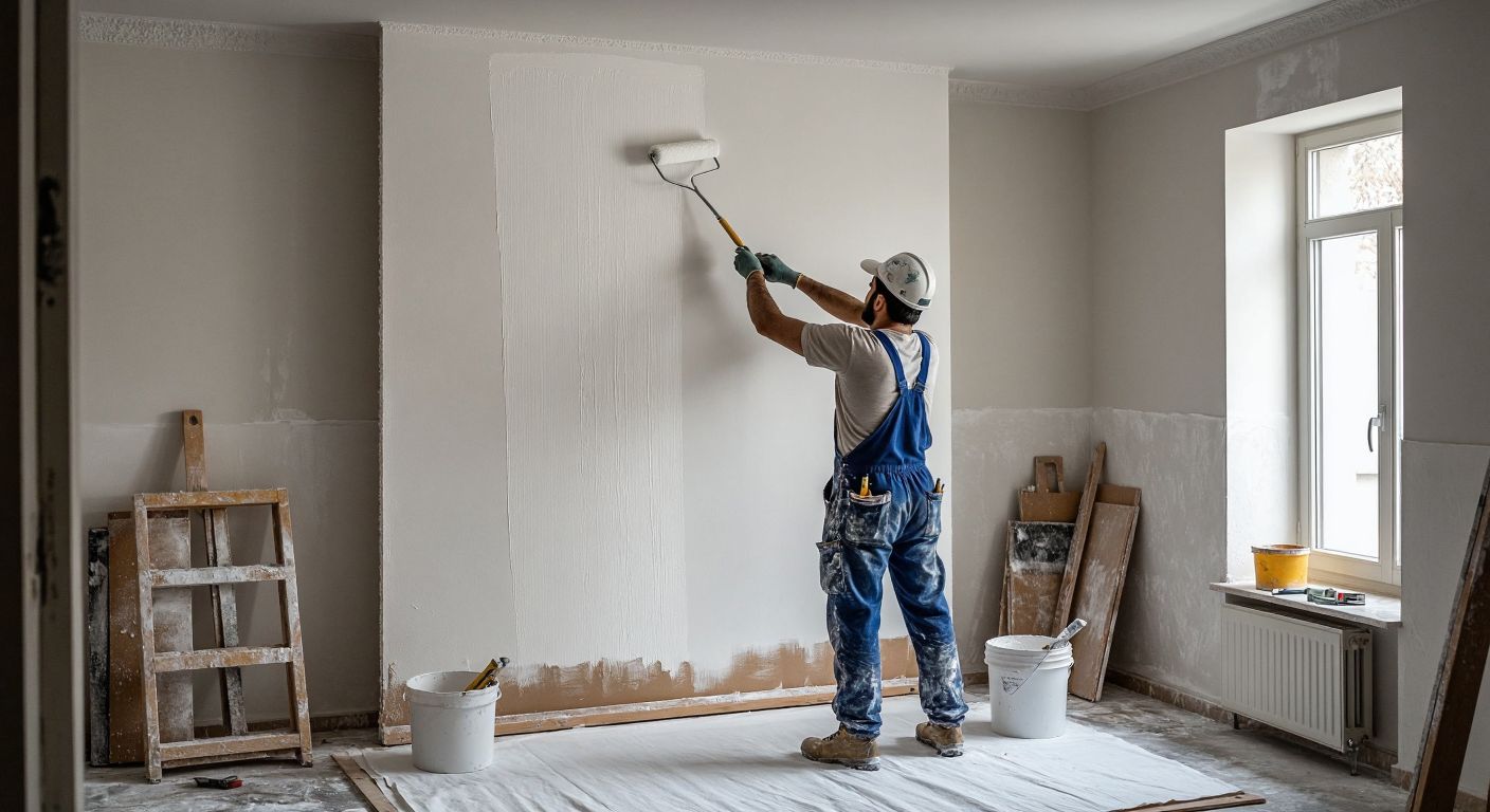 A Turkish worker in overalls carefully applies white paint to a freshly plastered ceiling with a roller, while a bucket of primer and tools sit on a drop cloth below.