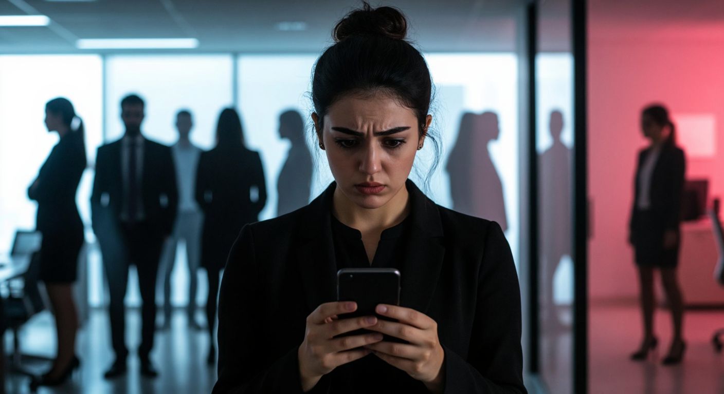 A Turkish person with a concerned expression holds a ringing smartphone against a backdrop of shadowy figures representing potential scams, while a bright, professional office scene fades into the background.