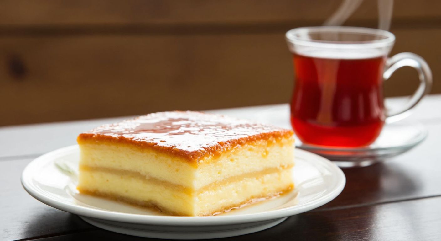 A golden-brown slice of trileçe on a small plate, with creamy layers dripping slightly, placed on a wooden table beside a steaming cup of Turkish tea, evoking indulgence and caution.