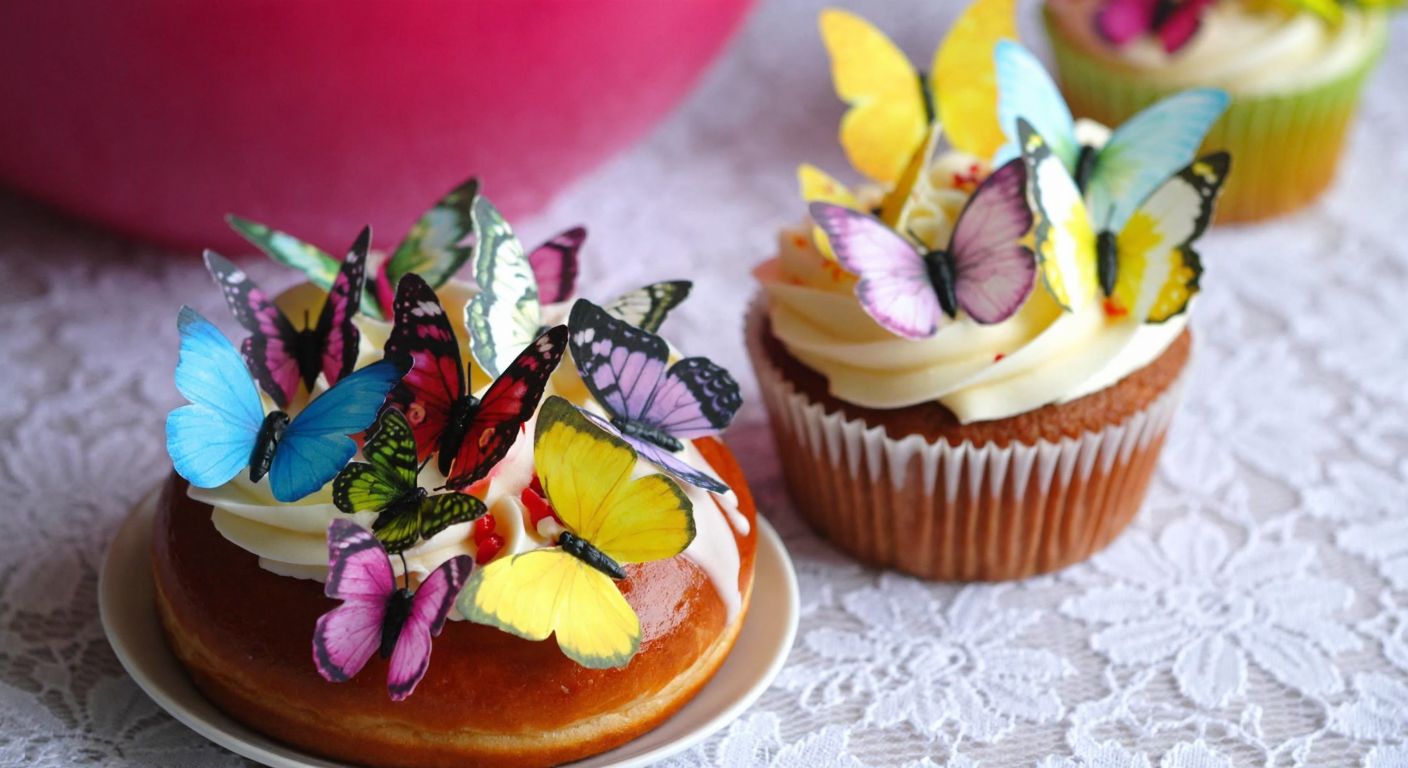 A colorful Turkish pastry adorned with delicate edible paper butterflies, placed on a lace-lined table beside a cupcake decorated with matching butterflies.