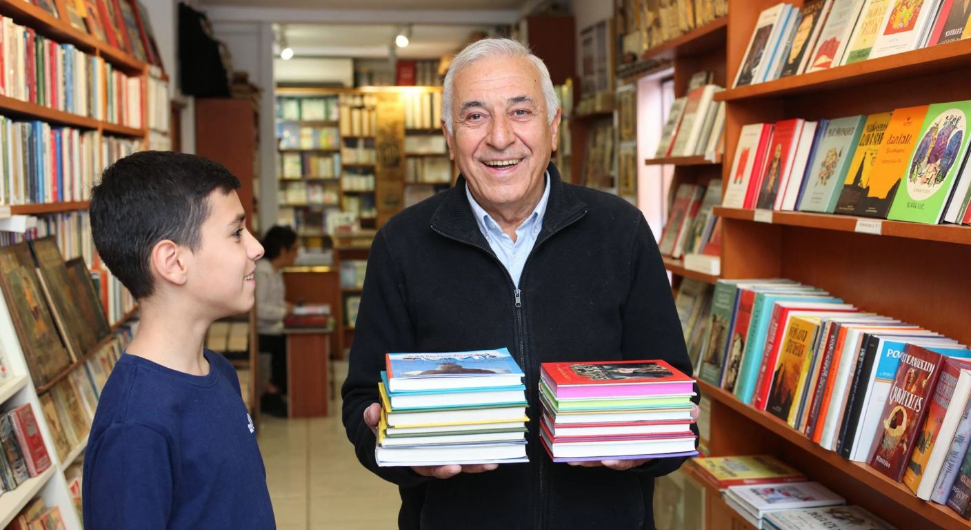 A smiling elderly Turkish bookseller in a cozy Istanbul bookstore holds up a colorful stack of Polen Yayınları books while a young customer nods approvingly.