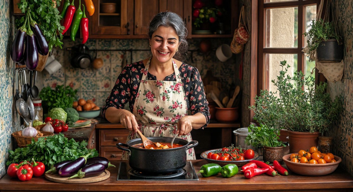 A warm, bustling Turkish kitchen with a smiling middle-aged woman, Nazlı Hanım, in a floral apron stirring a pot of fragrant stew, surrounded by fresh ingredients like eggplants, peppers, and herbs.