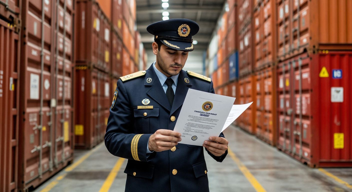 A Turkish customs officer in a formal uniform carefully examines two distinct documents—one stamped with an official seal (origin certificate) and another with a detailed product description (certificate of origin)—while standing in a bustling port warehouse filled with crates and shipping containers.