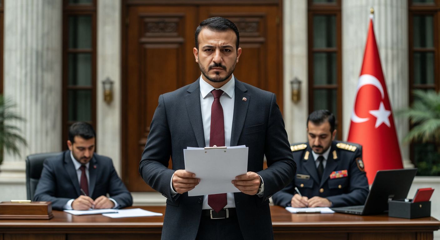 A serious Turkish businessman in a formal suit stands in front of a government building, holding a neatly prepared document, while a tax official in a crisp uniform reviews paperwork at a desk with a Turkish flag in the background.