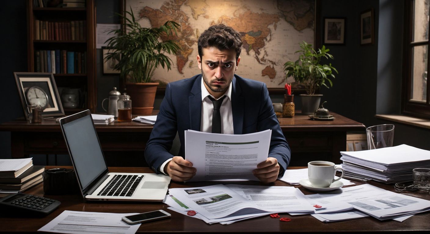 A frustrated job seeker in Turkey sits at a cluttered desk with a laptop and a steaming cup of çay, staring at a blank screen while holding a printed CV, surrounded by scattered papers and a phone lying nearby.
