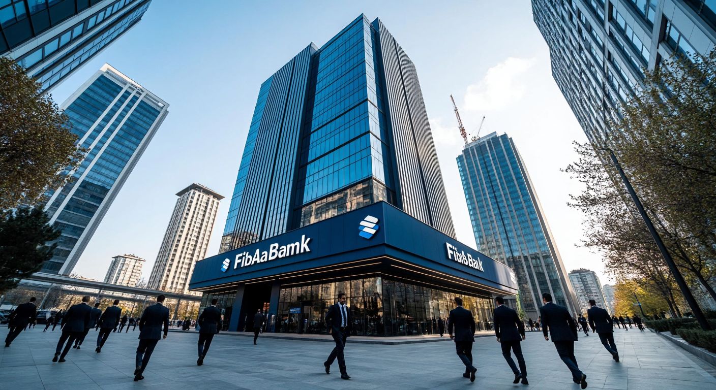 A sleek modern bank building with the Fibabank logo on its facade, standing under the shadow of a larger corporate tower labeled Fiba Holding, surrounded by a bustling Istanbul financial district with professionals in suits walking by.