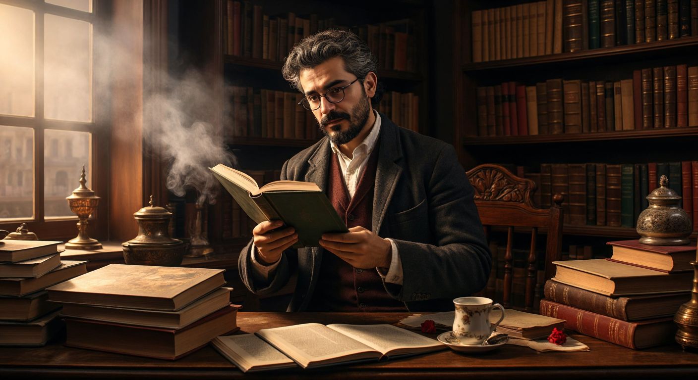 A thoughtful Turkish writer in a cozy study, holding a freshly bound book with one hand and gesturing warmly toward an unseen audience with the other, surrounded by stacks of manuscripts and a steaming cup of çay.