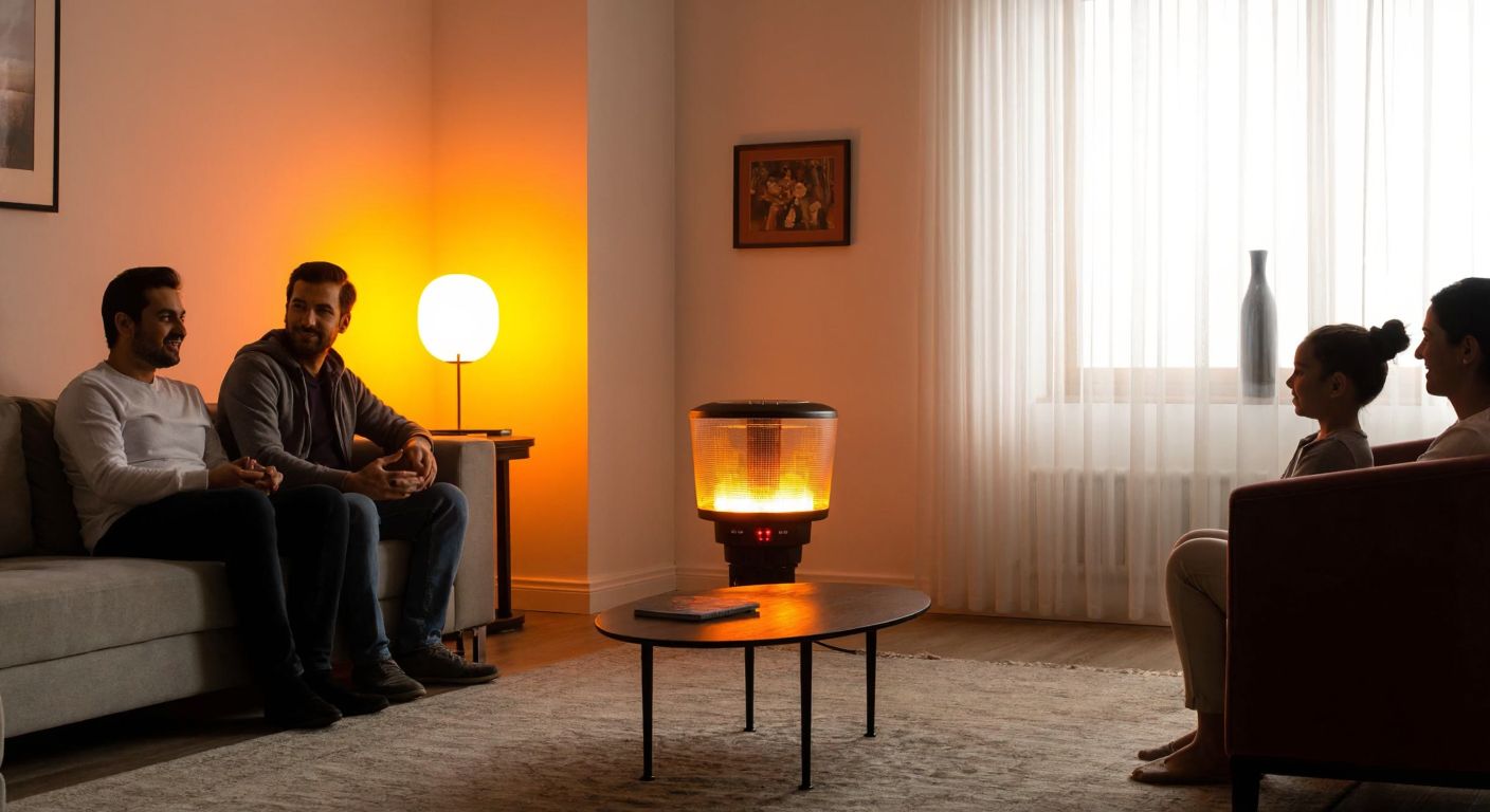 A cozy Turkish living room with a glowing infrared heater and a warm-lit table lamp, where a family sits cautiously nearby, their faces lit by the soft light while the heater radiates warmth.