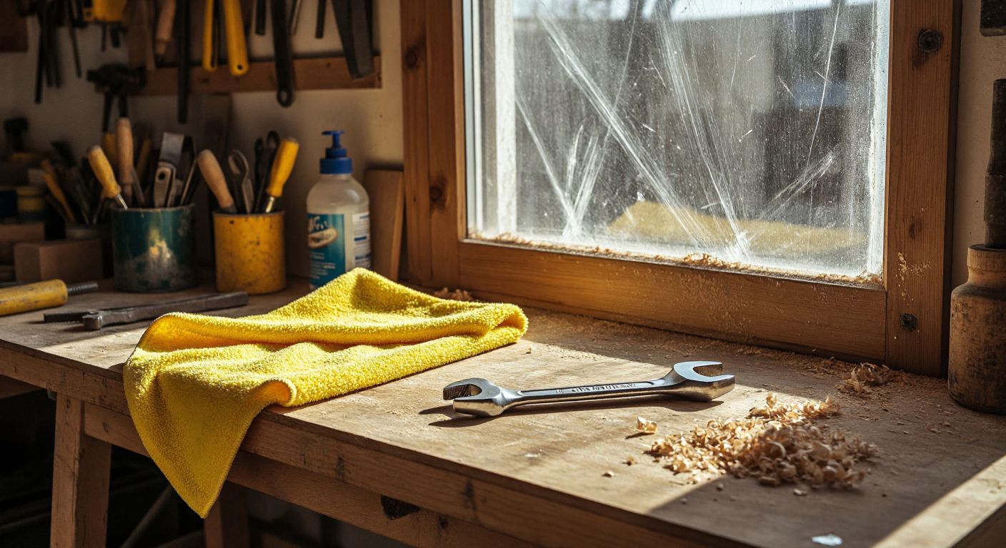 A bright yellow microfiber cloth lies discarded next to a scratched glass surface, a greasy wrench, and scattered wood shavings on a wooden workbench in a sunlit Turkish workshop.