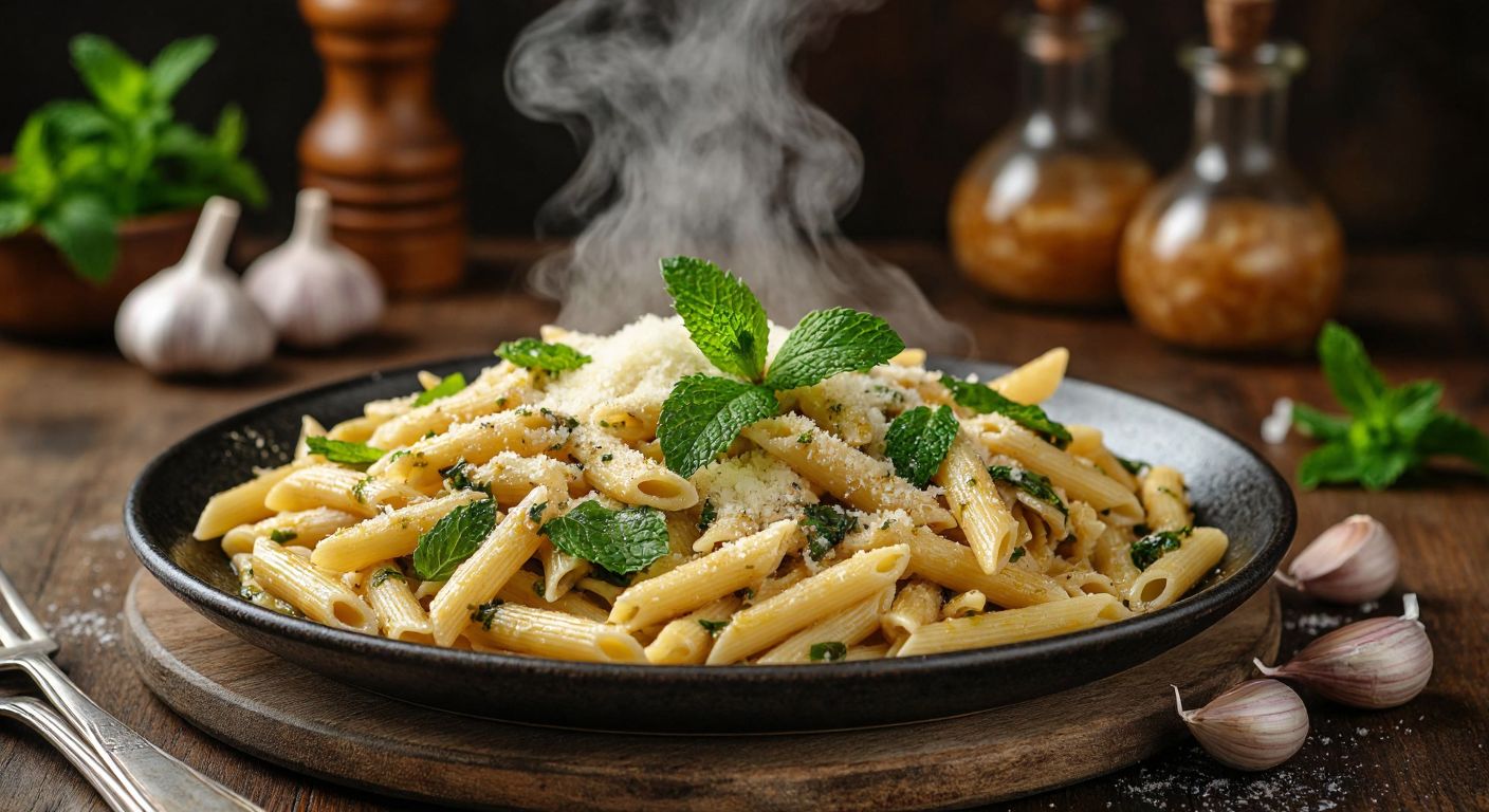 A steaming plate of pasta topped with fresh mint leaves, sprinkled with grated parmesan, drizzled with olive oil, and garnished with garlic cloves on a rustic wooden table in a Turkish kitchen.