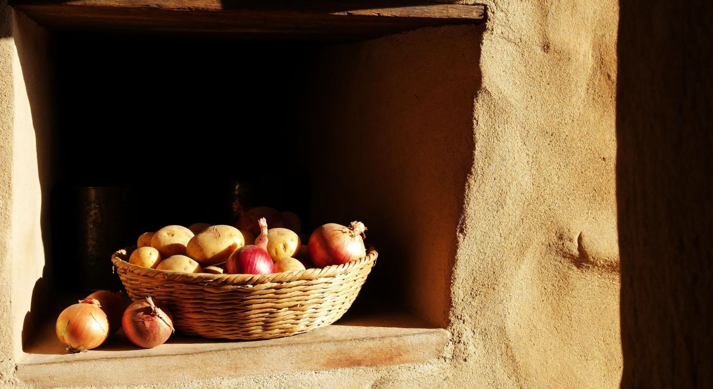 A rustic Turkish kitchen with a woven basket of fresh potatoes and onions resting on a cool, shaded stone shelf, surrounded by earthy textures and warm sunlight filtering through a small window.