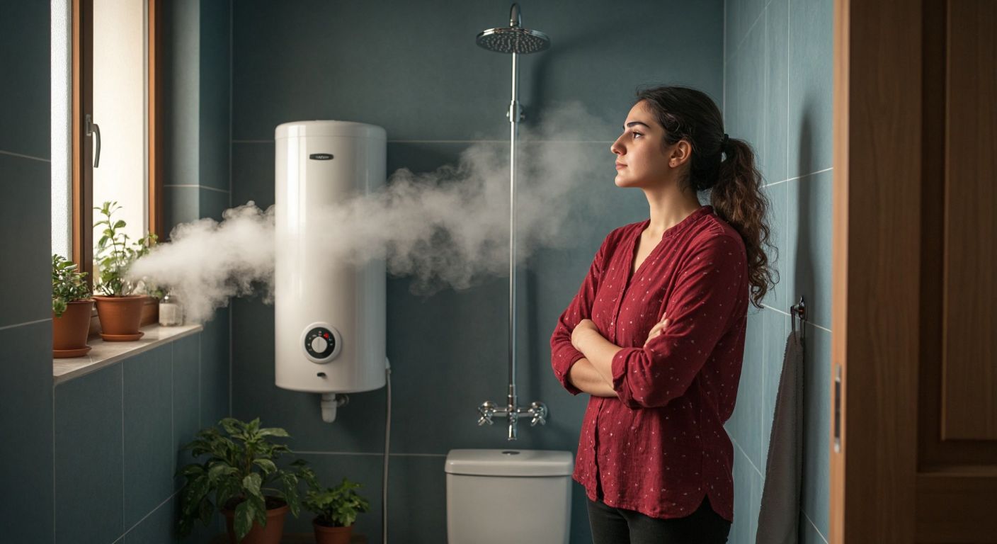 A Turkish homeowner stands thoughtfully in a small bathroom, comparing a compact electric water heater mounted on the wall to a larger natural gas water heater on the floor, with steam rising from a shower faucet in the background.