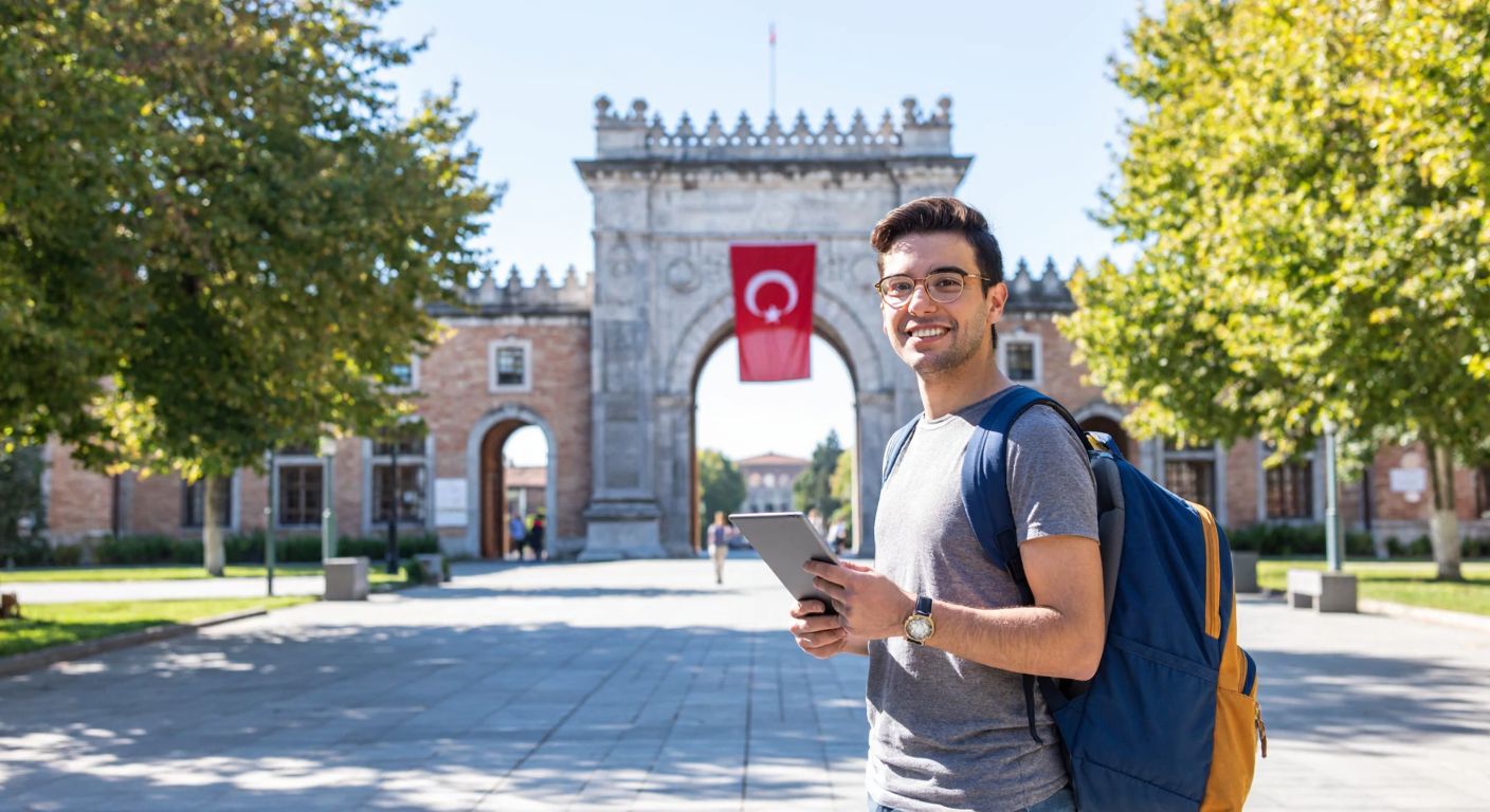 A young student with a backpack stands confidently in front of Istanbul University’s historic main gate, holding a tablet while smiling, with a sunny campus courtyard and a Turkish flag in the background.