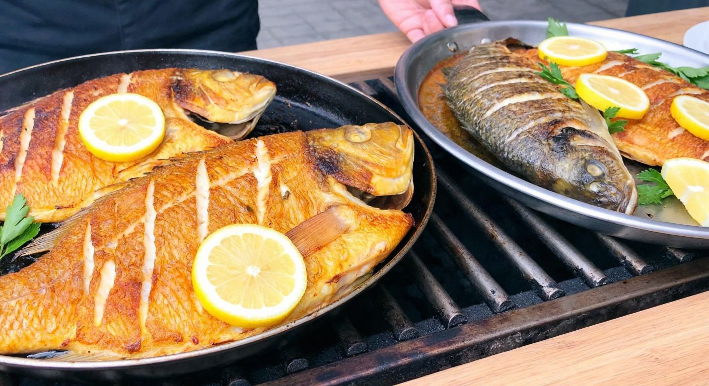 A golden-brown crispy carp sizzling in a pan next to a smoky grilled carp on a barbecue, both garnished with fresh lemon slices and herbs, set against a rustic wooden table in a Turkish kitchen.