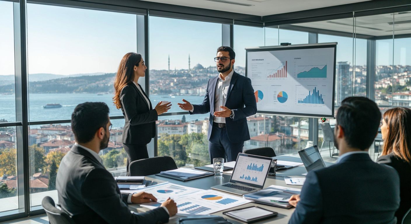 A modern Turkish businessperson in a sleek suit confidently presents financial charts to attentive professionals in a glass-walled Istanbul office with a Bosphorus view.