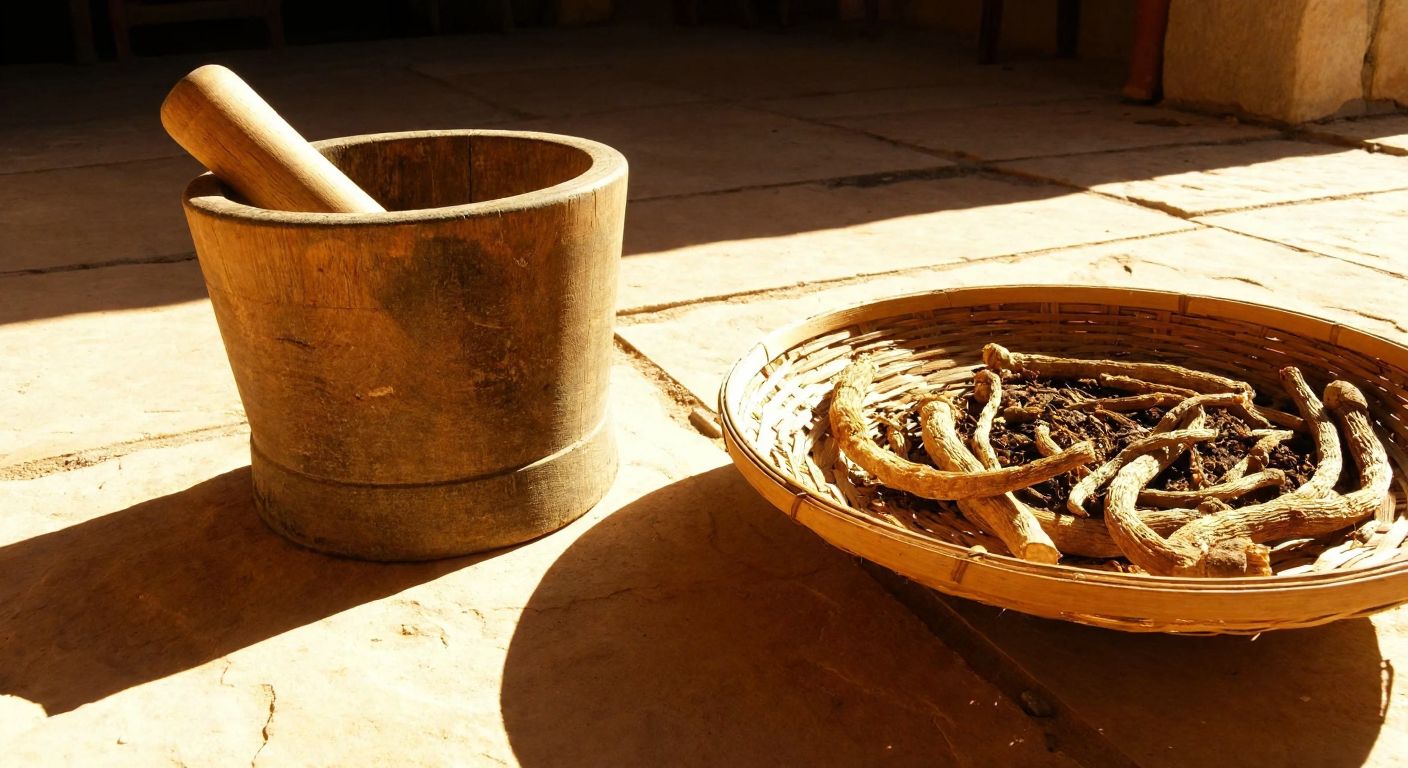 A sunlit stone courtyard in rural Turkey, where a weathered wooden mortar and pestle sits beside a woven tray of dried orchid roots, with golden sunlight casting long shadows across the scene.
