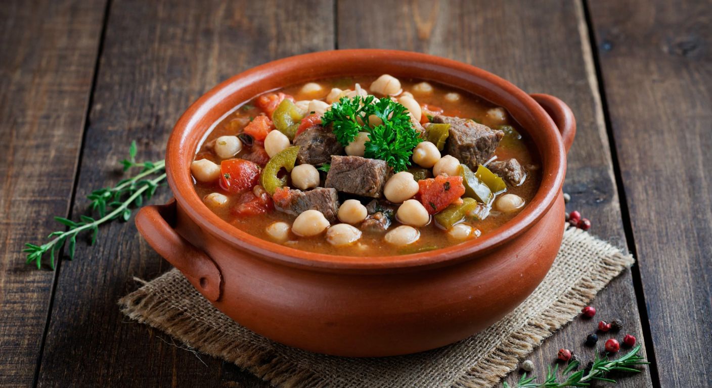 A steaming clay pot of Algerian soup, filled with tender lamb, plump chickpeas, white beans, diced tomatoes, and green peppers, garnished with fresh parsley, resting on a rustic wooden table with scattered spices like thyme and red pepper flakes nearby.
