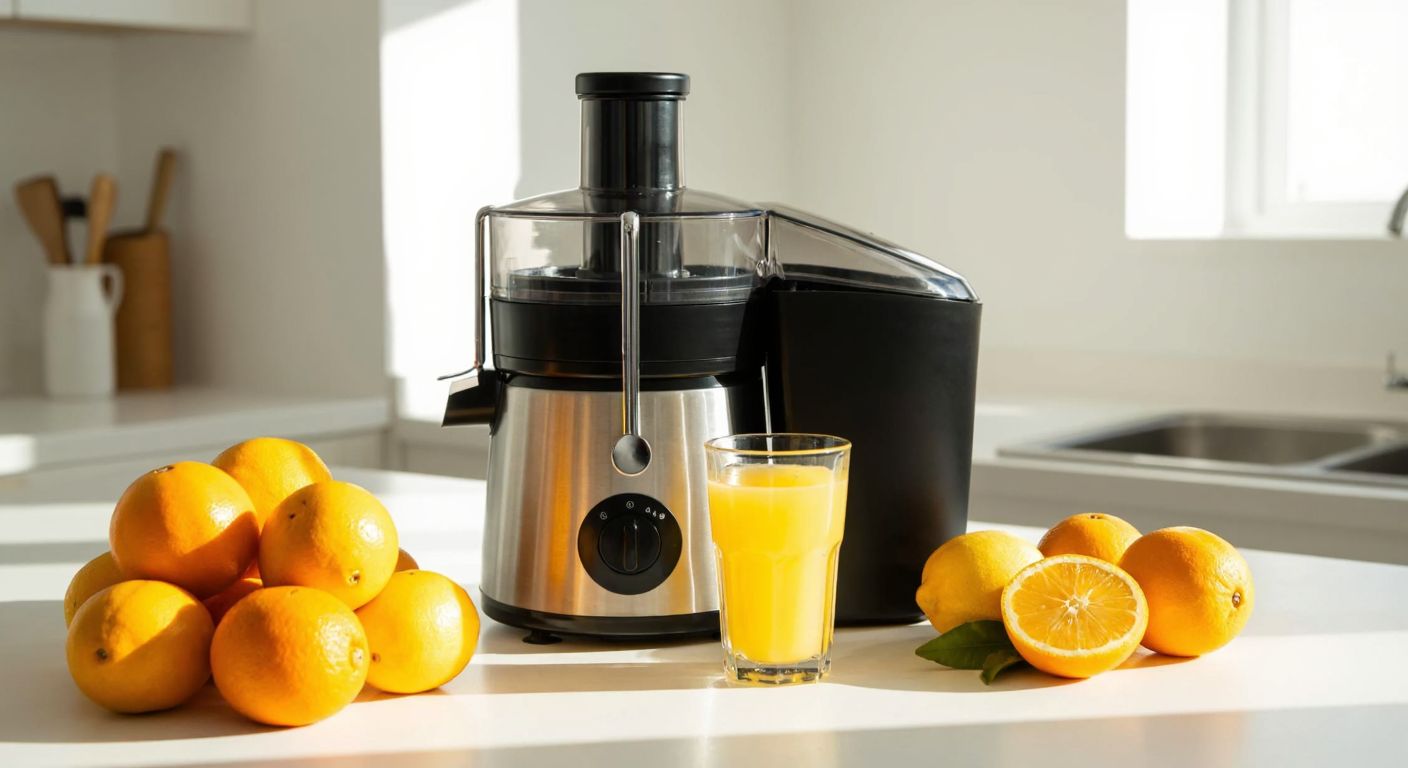 A sleek Stilevs juicer sits on a sunlit Turkish kitchen counter, surrounded by fresh oranges and lemons, with a glass of vibrant citrus juice beside it.