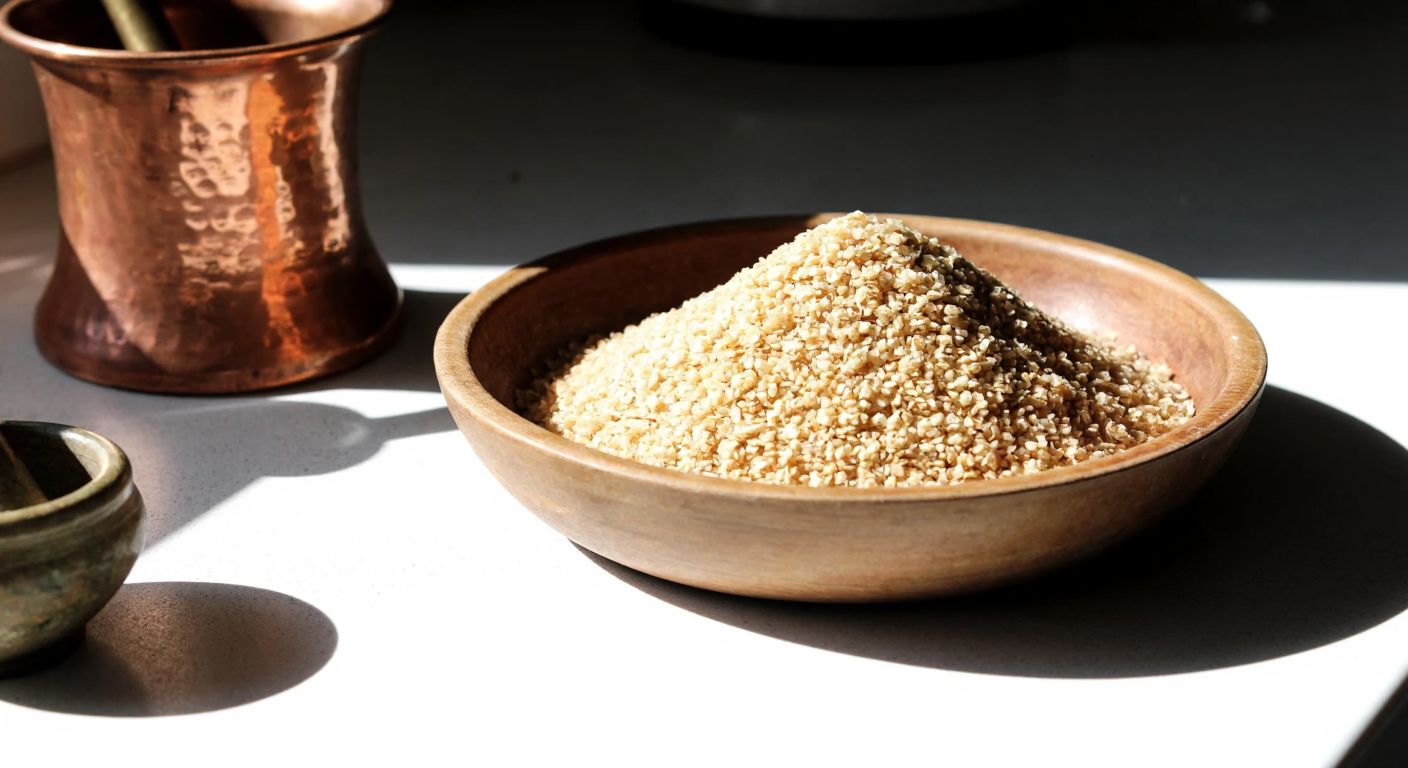A rustic wooden bowl filled with coarse, golden cracked wheat (yarma) resting on a sunlit kitchen counter in Turkey, with a traditional copper mortar and pestle beside it.