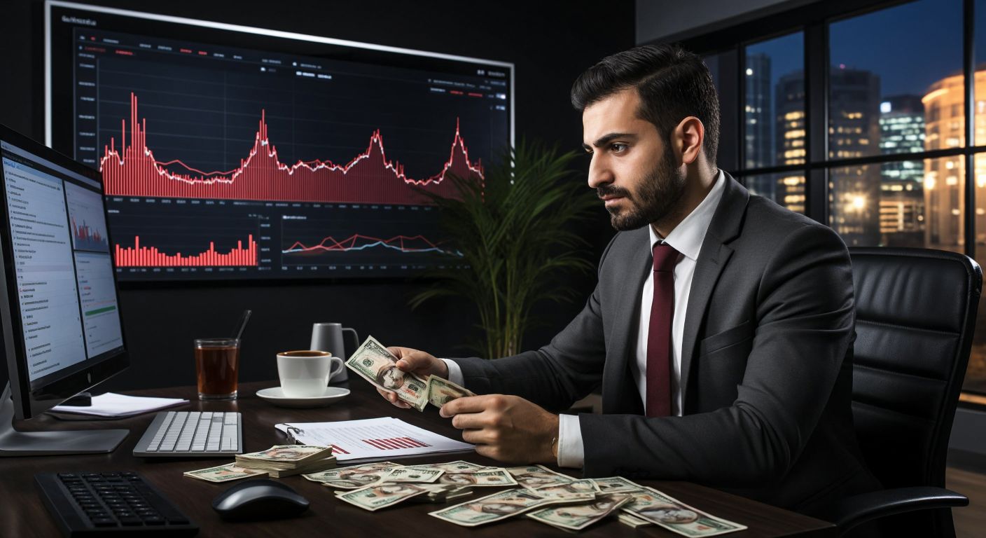 A Turkish financial analyst in a sleek office points at a rising graph on a monitor while holding a steaming cup of çay, with a worried investor clutching a stack of lira banknotes nearby.