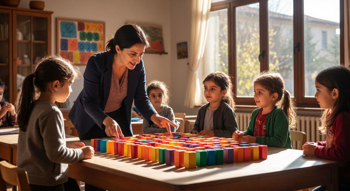 A Turkish teacher in a sunlit classroom points at colorful wooden blocks arranged in orderly rows on a table, while young students watch with curiosity, illustrating the principles of counting and number theory.