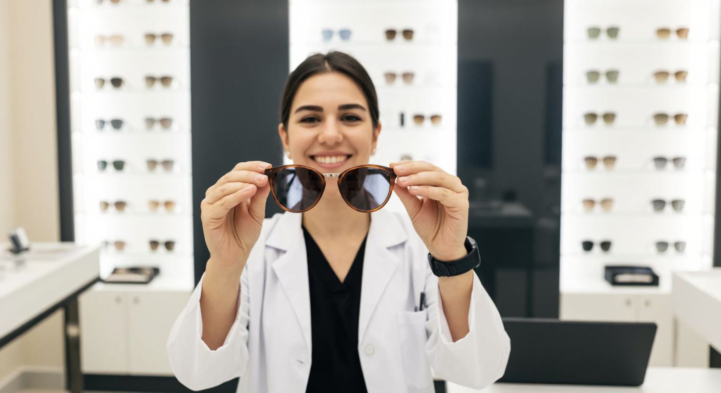 A smiling Turkish optician in a white coat holds up a pair of stylish sunglasses against a backdrop of a modern optical shop with neatly displayed eyewear.