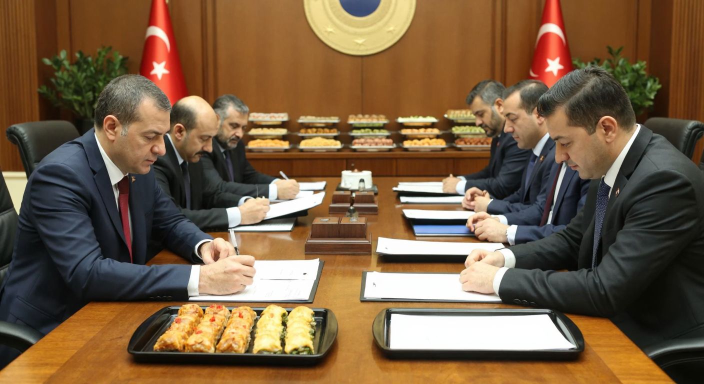 A group of Turkish officials in formal attire reviewing documents at a long wooden table in a government office, with trays of traditional Turkish dishes like kebabs and baklava placed neatly in the background.