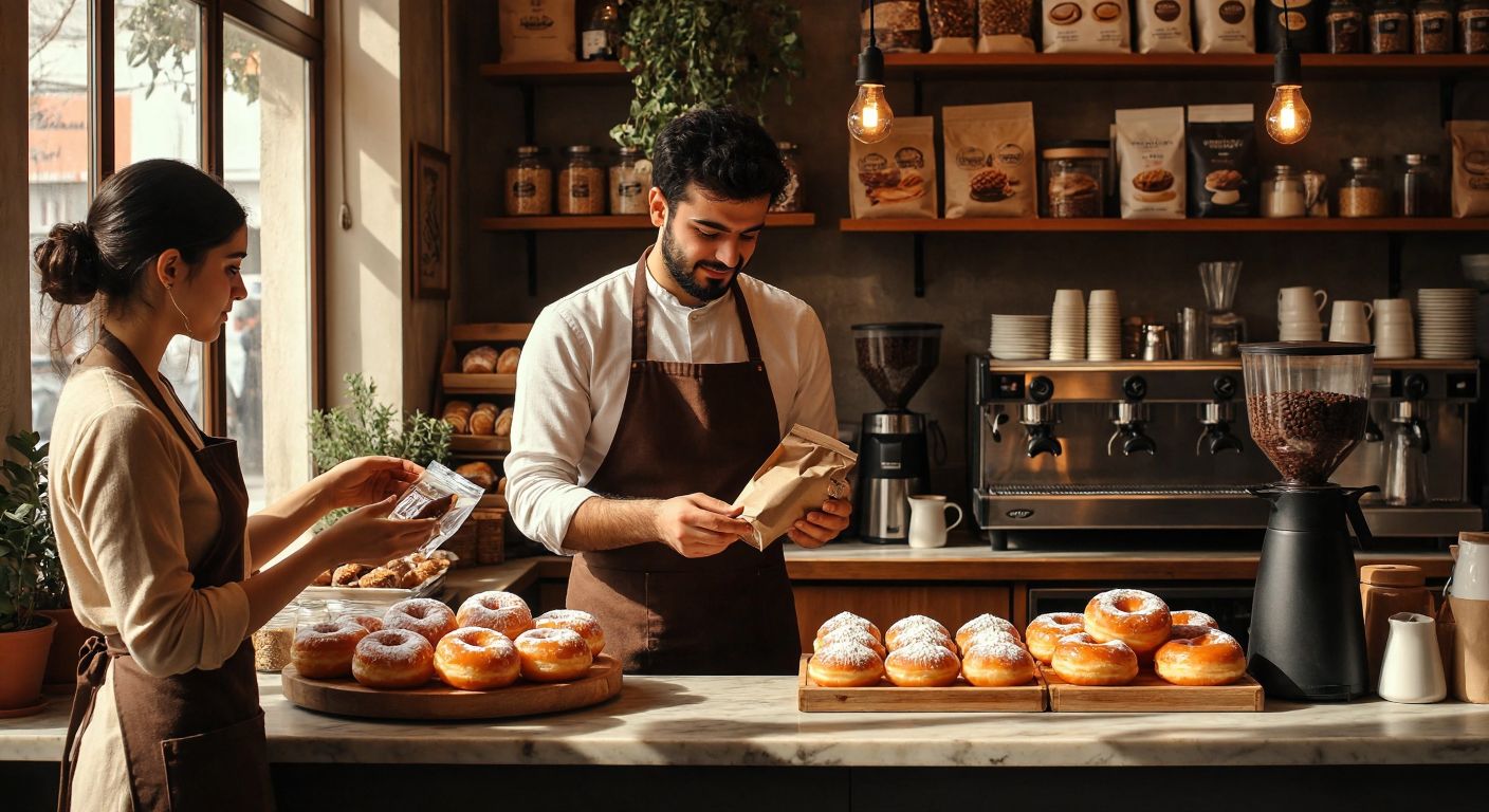 A warm Turkish café scene with a curious customer examining a gluten-free coffee bean bag while a barista gestures reassuringly toward a display of pastries, including a fluffy ponçik.