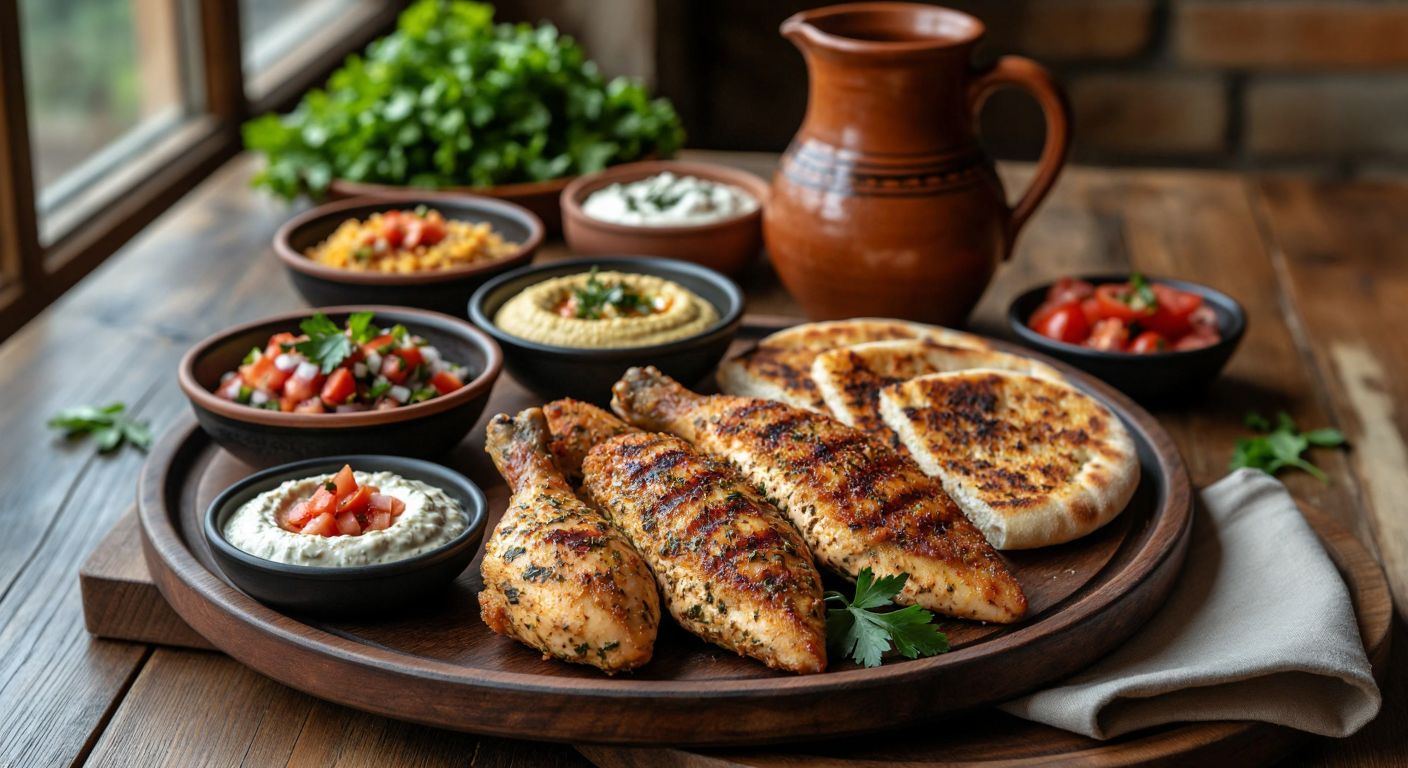 A rustic wooden table in a Turkish kitchen holds a golden-brown chicken fillet surrounded by small bowls of vibrant çoban salata, creamy hummus, warm bulgur pilaf, and freshly baked siyez bread, with a clay pitcher of ayran nearby.